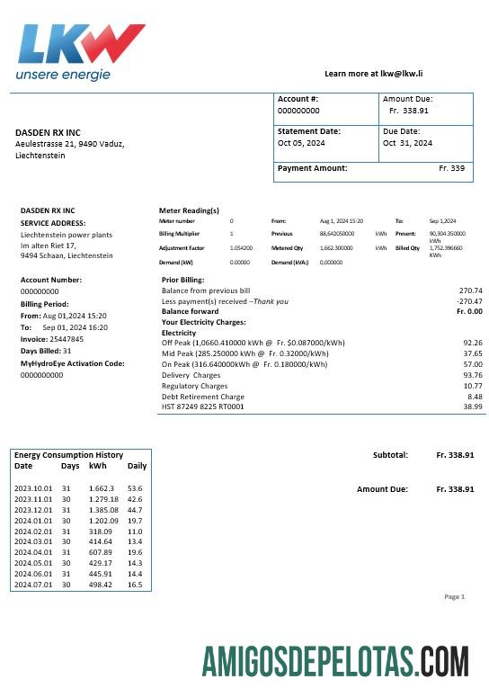imprimível Modelo de conta de serviços públicos de eletricidade de Liechtenstein Ische Kraftwerke (LKW) em formatos Word e PDF